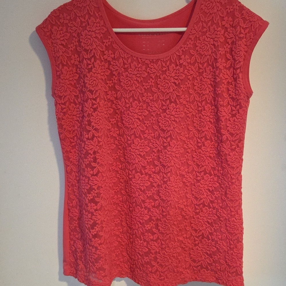 Susan Graver Liquid Knit Sleeveless Top With Front Lace Overlay